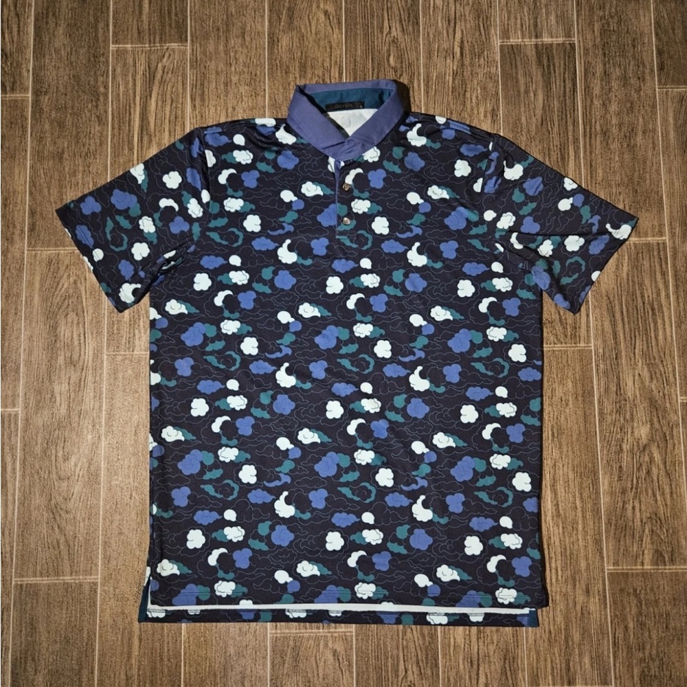 Greyson Golf Polo Shirt Large Blue Clouds AOP Short Sleeve Stretch Performance
